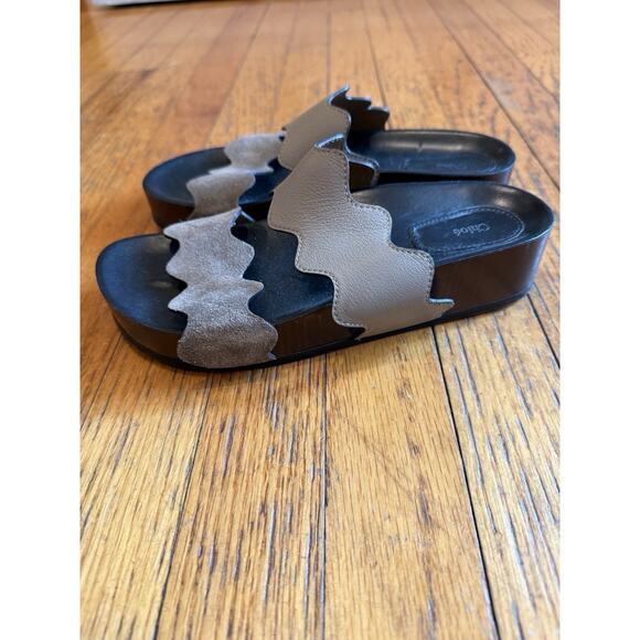 Authentic Chloe Carrara Scalloped slide sandal Tan/Gray Size 37 - Picture 9 of 10